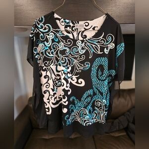 JM Collection Black and Teal Swirl Blouse